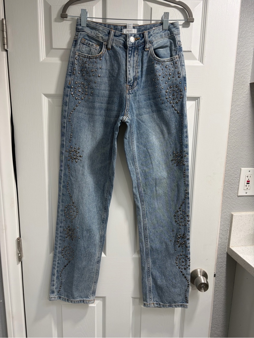 Forever 21 Light Blue Studded Straight Leg Jeans